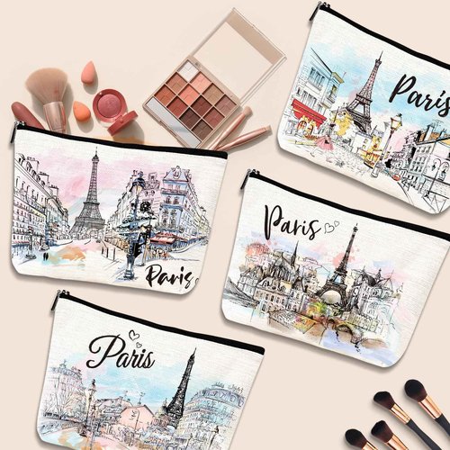 Luvsweets Paris Gifts Travel Essentials - 4Pcs Eiffel Tower Makeup Bag, France Paris City Watercolor Cosmetic Bags with Zipper Pouch, Weekend Vacation Trip Gifts for Travellers Women Girls