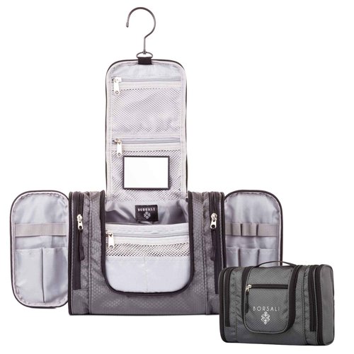 BORSALI Hanging Toiletry Bag for Women with Mirror - Medium Travel Bag for Toiletries & Travel Essentials - Compact Yet Roomy - 22 Compartments & Mesh Back Pocket - Sturdy Swivel Hook