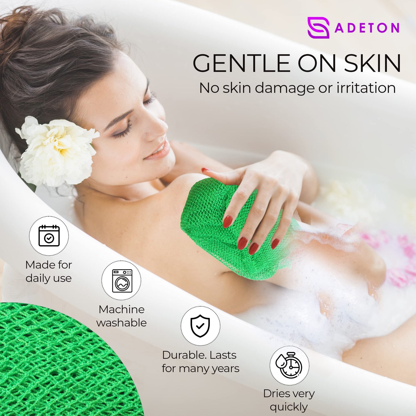 Adeton Sapo African Net Sponge, Exfoliating Body Scrubber, Body Exfoliator, Long Net Sponge, 17 Colors, Shower Bath Accessories, Back Foot Scalp Scrub, Flat Dead Skin Remover Body Wash (Green)