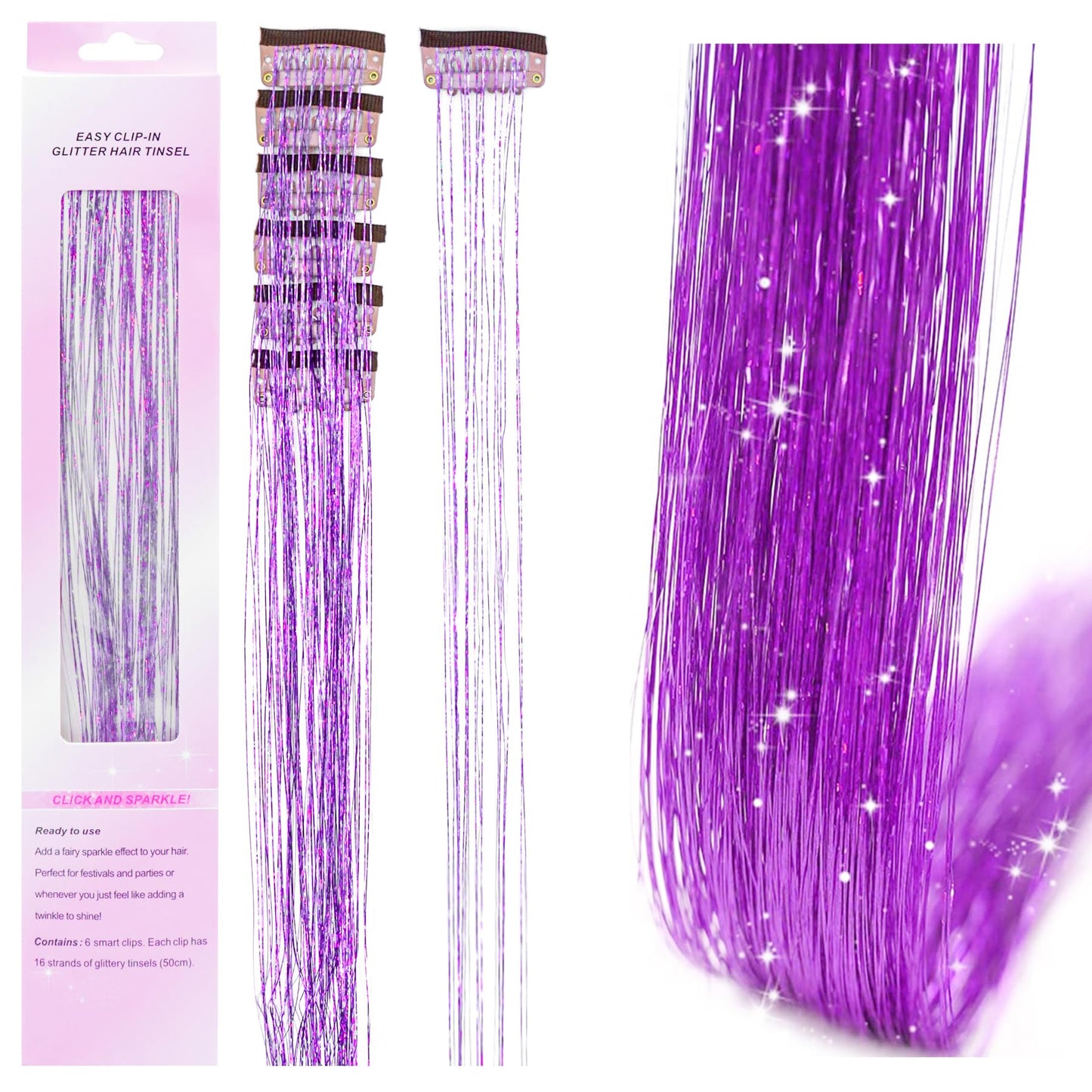 Huyerdo 12PCS Clip in Hair Tinsel Kit, 20.8 Inch Clip on Hair Tinsel Heat Resistant, Fairy Tinsel Hair Extension for Festival Gift Party, Dazzle Hair Accessories for Women Girls Kids