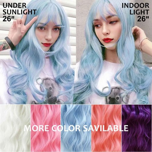 NOSTALGIA Halloween Blue Wigs for Women 26 Inch Blue Wig with Bangs Long Wavy Synthetic Heat Resistant Wig for Daily Cosplay Use