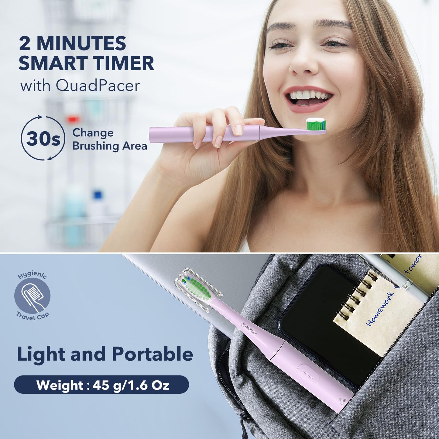 ARISSON Sonic Electric Toothbrush for Adults and Kids, 40,000 VPM Power Toothbrush, 1.5H Fast Charge Ultrasonic Electric Toothbrushes with 2 Minutes Smart Timer, Cotton Candy