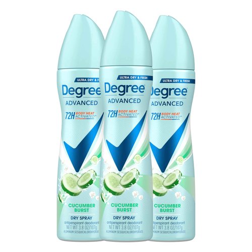 Degree Antiperspirant Deodorant Cucumber Burst 3 count Dry Spray 72-Hour Sweat & Odor Protection Deodorant Spray For Women With Body Heat Activated Technology 3.8 oz