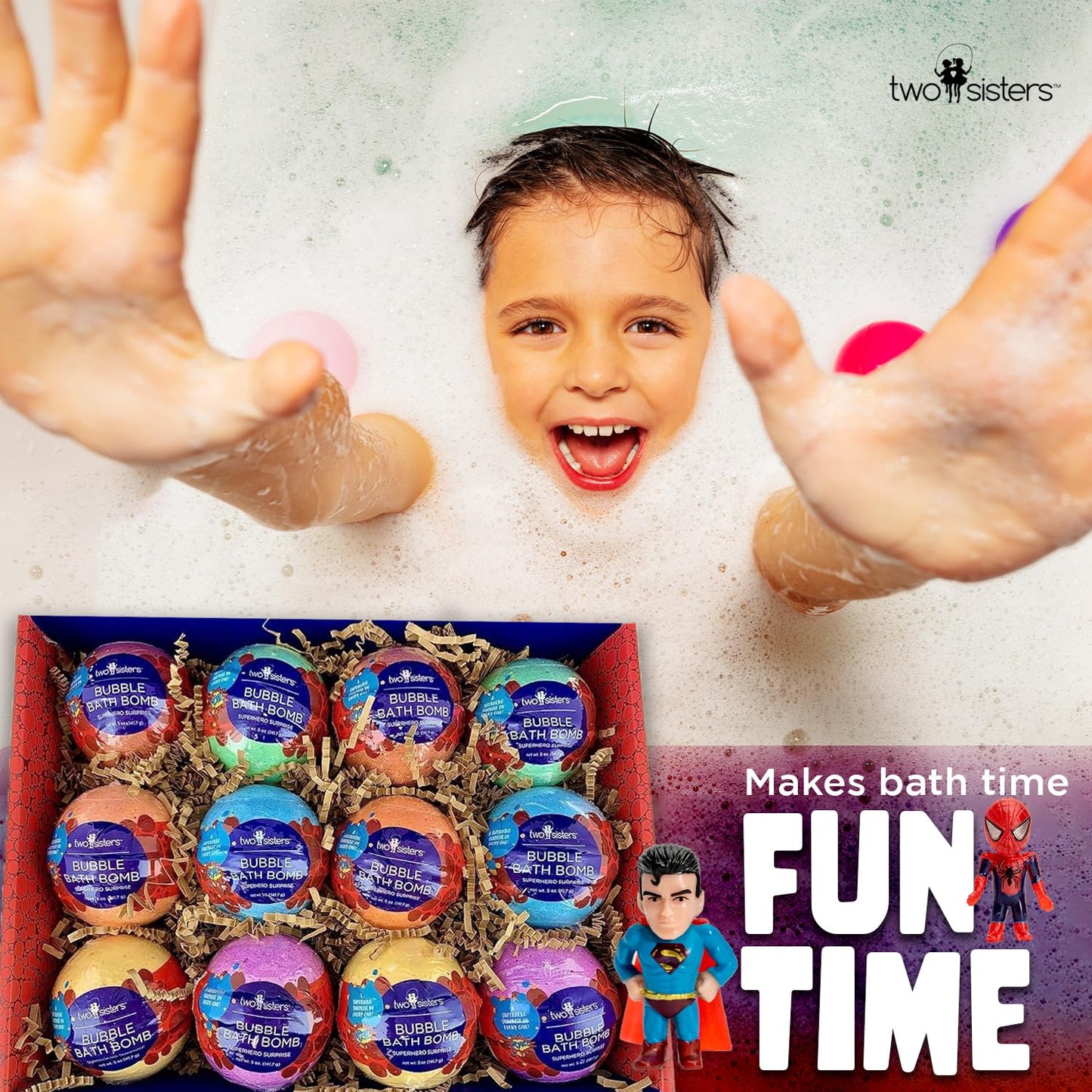 Superhero Bath Bombs for Kids with Surprise Toy Inside, 12 Pack Bubble Bomb Fizzies, Fruity Scents, Relaxing Aromas, USA Made, Ideal Birthday Gift for Girls & Boys by Two Sisters