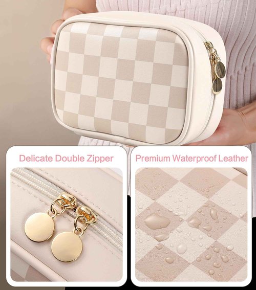 HFLZBRO Travel Makeup Bag Cosmetic Bag for Women,Small Makeup Organizer Bag,Cute & Waterproof Vegan Leather Makeup Case with Multiple Compartments,Toiletry Bag for Cosmetics (BROWN)