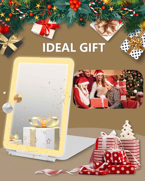Dec.Metu Travel Mirror with Lights Makeup Mirror Touch Screen 3 Colors Light 72 LEDs Rechargeable, 1000mHA 7.9x5.3-Inch Desk Compact Mirror White