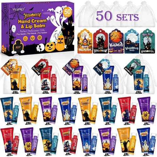 50 Pack Halloween Hand Cream and Lip Balm Set, Bulk Halloween Gifts with Halloween Cards and Organza Bag, Halloween Decorations and Halloween Party Favors Goodies for Women