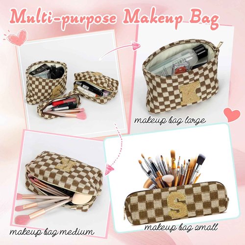 Silongder 3 Pcs Makeup Bag Cosmetic bags for women Large Capacity Checkered Cosmetic Bag Canvas Travel Toiletry Bag Organizer Cute Makeup Bag Mother's Day Birthday Gift for Women (Brown M)