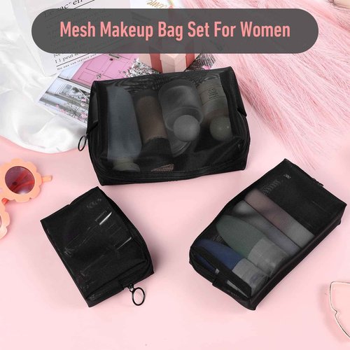 Wanmu 3Pcs Mesh Makeup Bags, Mesh Cosmetic Bag, Portable Toiletry Bag, Travel Organizing Zipper Pouch, Toiletries Makeup Pouches, Black Breathable Mesh for Home Office Travel Accessories