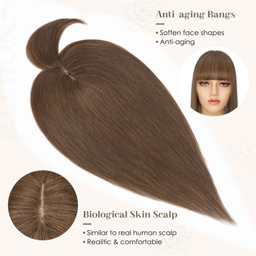 S-noilite Human Hair Toppers for Women with Bangs 100% Real Human Hairpiece 5"x3" Clip in Silk Base Topper Piece Cover Thinning Fine Hair 10 inch Chestnut Brown