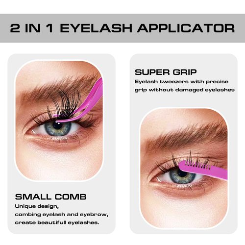 2 in 1 Lash Tweezer with Comb, Stainless Steel Elbow Tweezers, Eyelash Extension, Precise Eyebrow Tweezers Tool, Lashes Tweezer Applicator for DIY Applying False Eyelashes Clusters, Rose