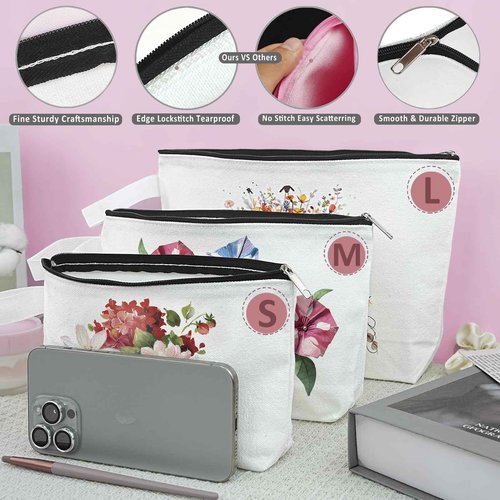 Koolmox 20 Pack 12Oz Blank Makeup Bags with Bottom and Strap, Multi-purpose Large Canvas Zipper Toiletry Organization Pouch Blank Bag for HTV Crafts (White Bag w/Black Zipper, L, 12.2x7.4x 2.7'')