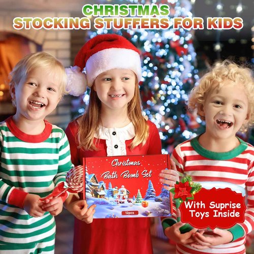 Christmas Bath Bombs for Kids with Surprise Toys Inside - Kids Advent Calendar Bathbombs -12 Pack Safe Fizzy Balls Made with Extracted Essential Oils Bubble Bath Bombs Kids Christmas Gifts