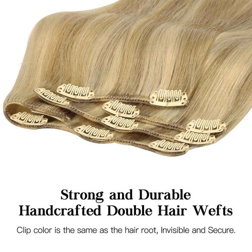 HOTBANANA Human Hair Clip in Hair Extensions, Balayage Light Blonde Highlighted Golden Blonde (Ash Tone) 120g Clip in Hair Extensions Real Human Hair Straight Remy 14 Inch 7pcs