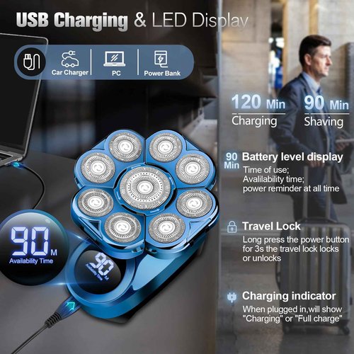 9D Electric Head Shaver for Bald Men, Upgraded 5-in-1 Waterproof Wet/Dry Grooming Kit Electric Shaver for Men, Cordless Rechargeable Bald Head Razor for Home&Travel
