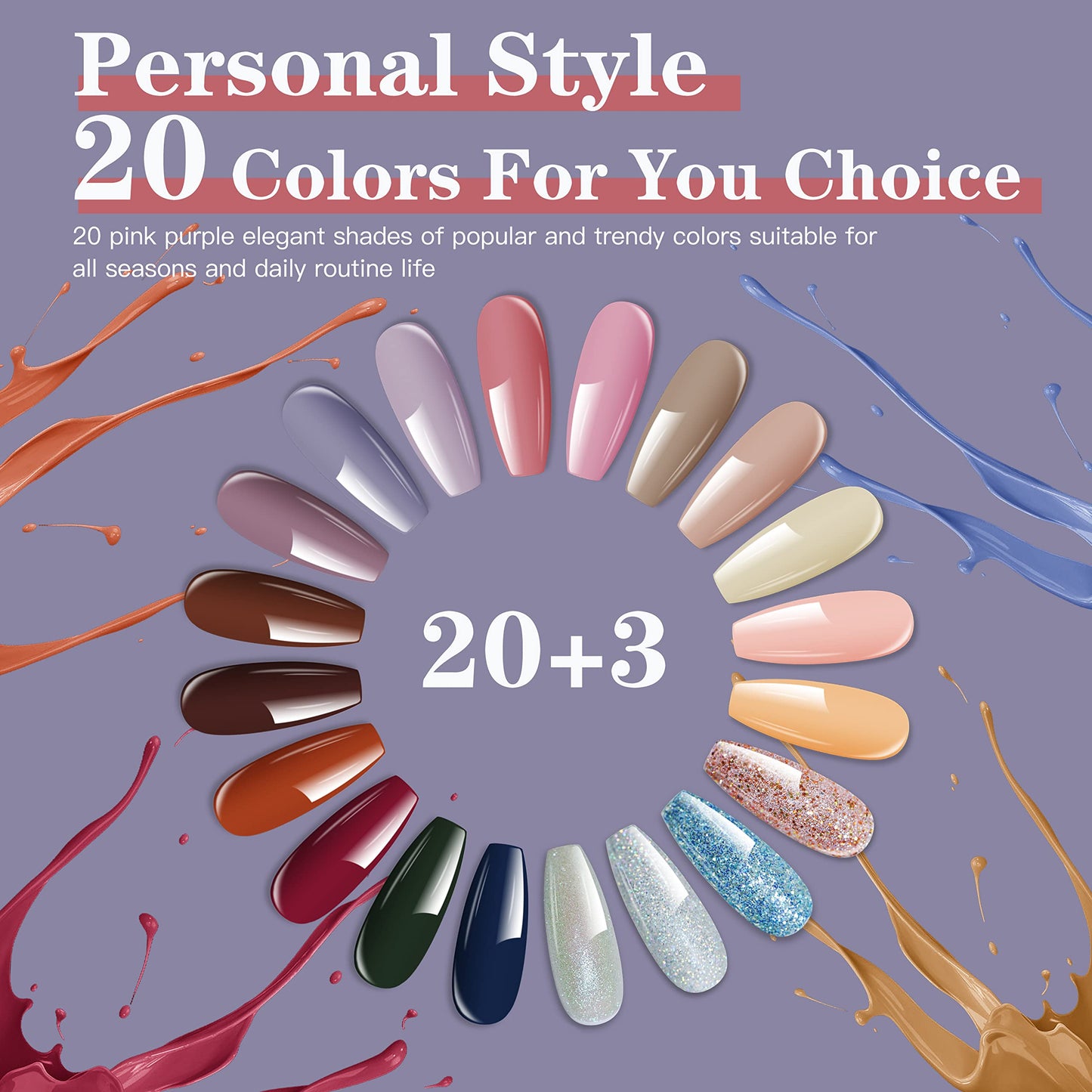 23 Pcs Gel Nail Polish Set ,with Nice Box Elegant Color 8ML Soak Off with Base Coat and Glossy & Matte Top Coat, Nude Pink Glitter Blue Purple Polish for Gel Nails Starter Kit for Women Gift