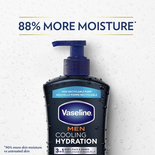 Vaseline Men Cooling Hydration 3-in-1 4 Pack for Dry Skin Face, Hands & Body Lotion for Men with Menthol & Ultra-Hydrating Lipids 20.3 oz