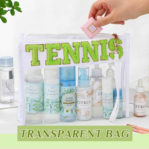 Remerry Clear Chenille Letter Makeup Bag Stand up Snack Bags Preppy Cosmetic Pouch Expandable Clear Travel with Wrist Strap Zipper Portable Multipurpose PVC Nylon for Women Travel(White,Tennis)