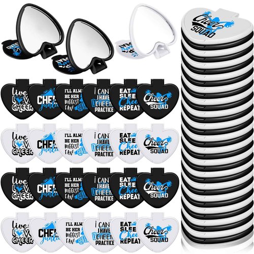 Threehoney 48 Pcs Cheerleader Mirror Gifts Bulk Cheerleading Compact Mirror Bulk Mini Heart Shaped Folding Pocket Makeup Purse Cheer Inspirational Cheer Gifts Party Favors for Team (Blue)