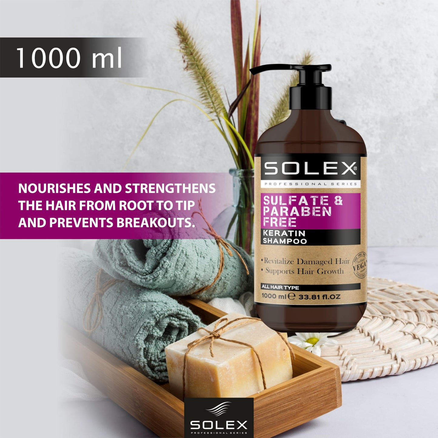 SOLEX Keratin Shampoo for Hair Growth- Sulfate & Paraben Free - Volumizing Shampoo for Hair Loss - Treatment for Men & Women Hair Thickening Volumizing Products, (1 pack x 33.8 Fl Oz. / 1000 mL)