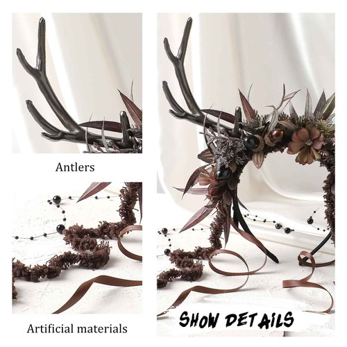 MOSTORY Dark Flower Reindeer Headband - Gothic Floral Antlers Headpiece for Renaissance Accessories Women Dark Fairy Costume, Deer Horns Headband with Vine for Goth Cosplay Renfaire Witch Aesthetic