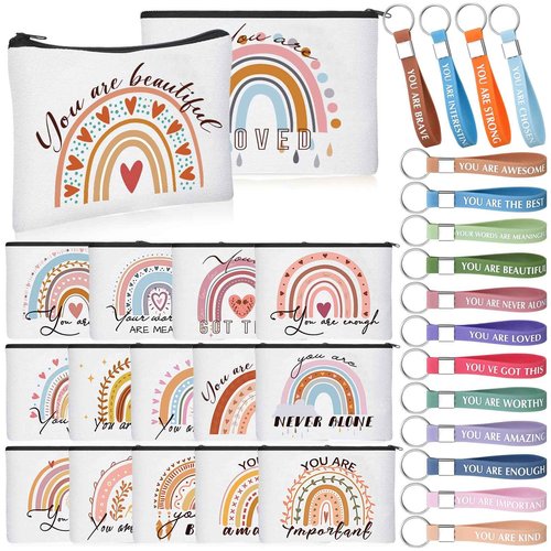 Hillban 32 Pcs Canvas Cosmetic Makeup Bag Women Christmas Inspirational Gifts Travel Toiletry Makeup Bag Pouch with Inspirational Keychains for Christmas Women Teacher Appreciation Gift(Rainbow)