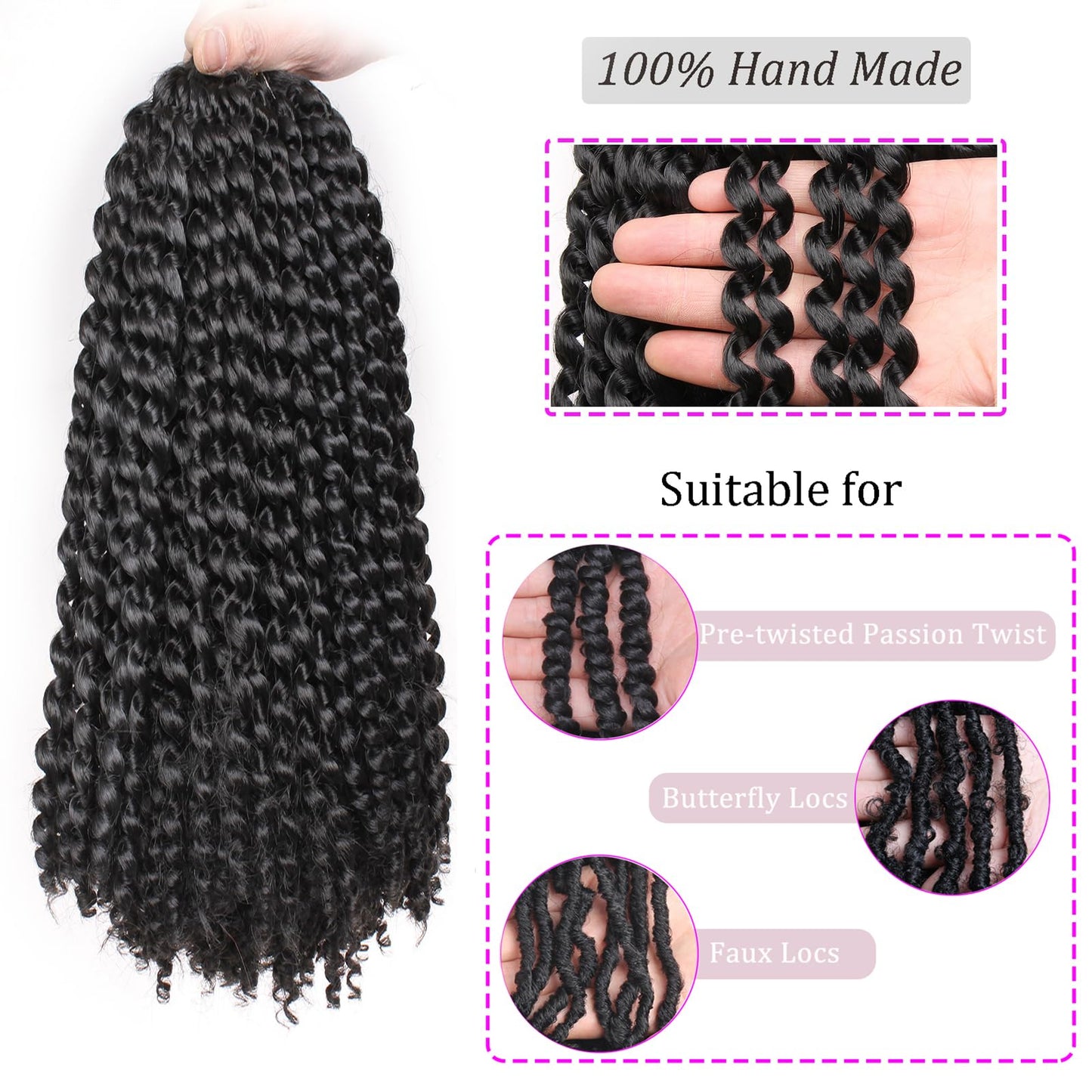 18 Inch Passion Twist Water Wave Crochet Hair 2Packs Black Bohemian Curly Braids for Butterfly Locs Crochet Hair Synthetic Braiding Hair Extension (18 Inch,1B#)