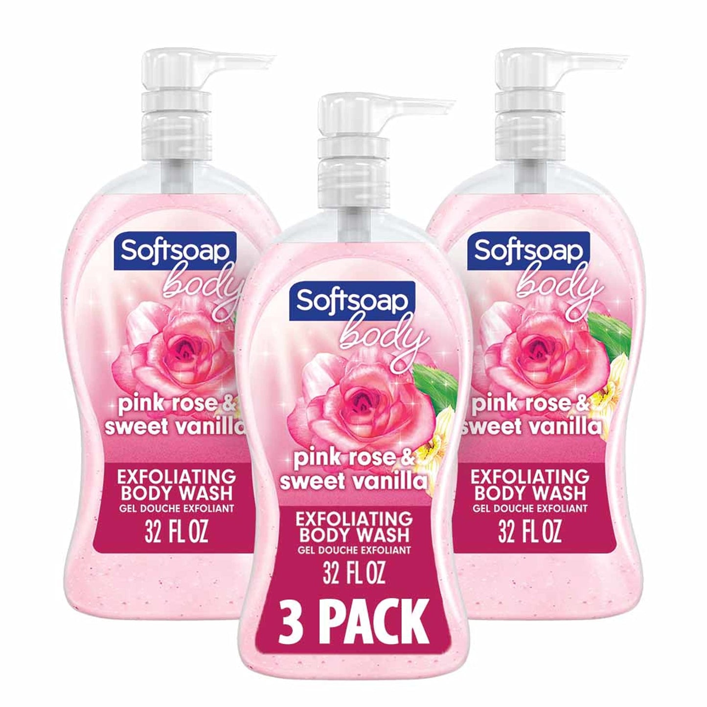 Softsoap Exfoliating Body Wash Pump, Lustrous Glow Pink Rose & Vanilla - 32 Fluid Ounce Pump (3 pack)