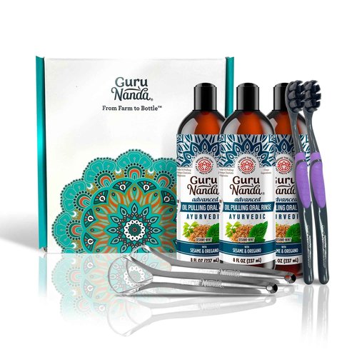 GuruNanda Advanced Oil Pulling Mouthwash for Enhanced Oral Care with Sesame & Oregano Oil, Promotes Deep Cleaning for Healthy Teeth & Gums, with Toothbrushes & Tongue Scrapers, Alcohol-Free, 3X8 Oz