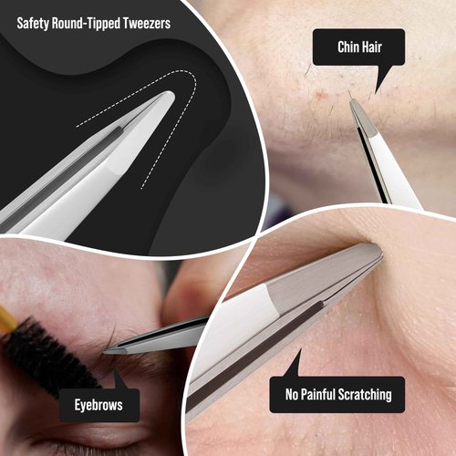 DUROX 3-Piece Tweezer Set — 1.Pointed Ingrown Hair Tweezers, 2.Fine-Tip Splinter Tweezers, 3.Safety Round Tip for Facial & Chin Hair Removal. Made of stainless steel. Protective pouch for safe storage