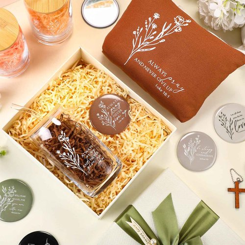 Fumete 6 Set 6 Set Christian Gifts for Women Bulk Religious Makeup Bag Bible Verse Glass Cup Mini Christian Compact Mirror Regalos Cristianos En Español for Christmas Church Gifts (Neutral Colors)