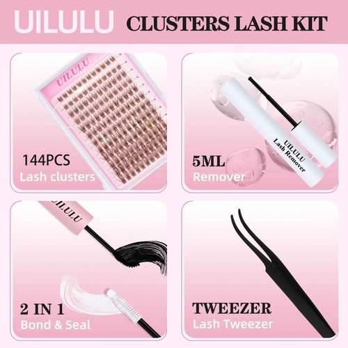 Uilulu Brown Lash Clusters Kit 10-18mm Wispy Lash Clusters D Curl Eyelash Clusters, DIY Lash Extension Kit with Lash Bond & Seal, Lash Glue Remover, Lash Tweezers