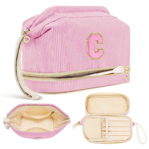 Birthday Gifts for Girls, Personalized Initial Make up Bag 18th Birthday Gifts for Girls Women, Travel Make up Bag Cosmetic Bag Preppy Stuff Bag for Her Mom Girlfriend Wife Teacher - Pink C