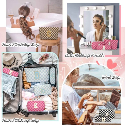 Silongder 3 Pcs Makeup Bag Cosmetic bags for women Large Capacity Checkered Cosmetic Bag Canvas Travel Toiletry Bag Organizer Cute Makeup Bag Mother's Day Birthday Gift for Women (Brown M)