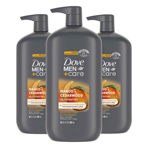 DOVE MEN + CARE Body and Face Wash Rejuvenating Mango + Cedarwood 3 Count for Men, with 24-Hour Nourishing Micromoisture Technology, 30 oz