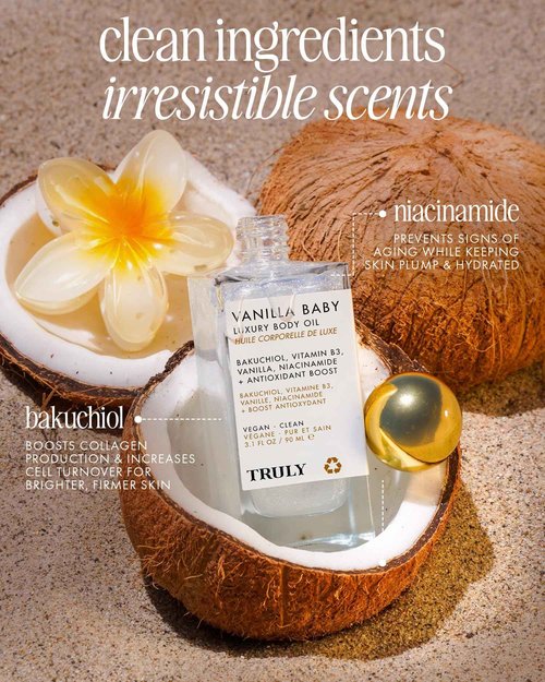 Truly Beauty Vanilla Baby Luxury Body Oil | Plumping Body Shimmer Oil for Hydration & Firmness | With Bakuchiol & Niacinamide for Collagen Boost | Vanilla, Pear & Caramel Scent | Radiant Glow