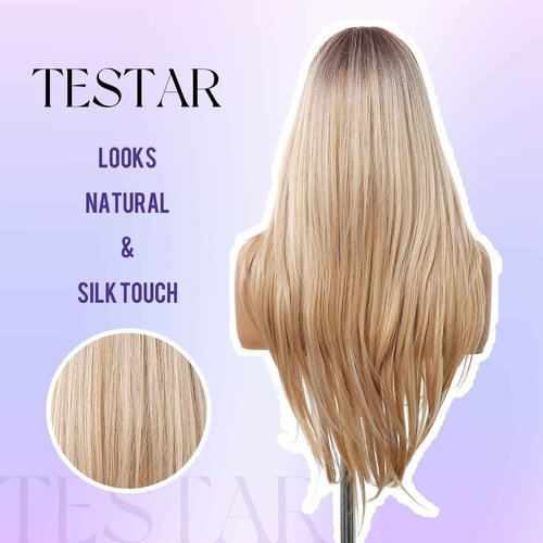 testar Long Blonde Straight Wigs With Bangs Long Ombre Blonde Synthetic Layered Wigs for Women Daily Use 26IN