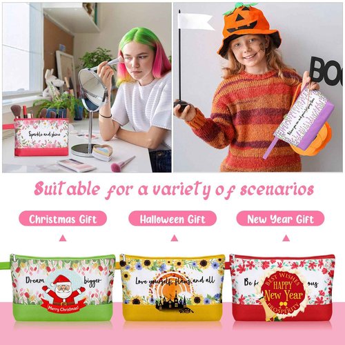 Silkfly 15 Pcs Flower Canvas Makeup Bags Bulk 10.2 x 5.5 x 2 Inches Inspirational Canvas Cosmetic Bag Spring Travel Toiletry Pouch with Zipper Inspirational Gifts for Women