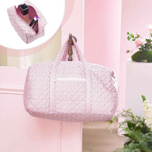 Bulyoou 2 Pack Floral Travel Duffel Bag Large Quilted Travel Duffle Bag and Pink Floral Makeup Pouch Portable Gym Lightweight Weekender Organizer with Zipper Pockets Grocery Pouch for Women