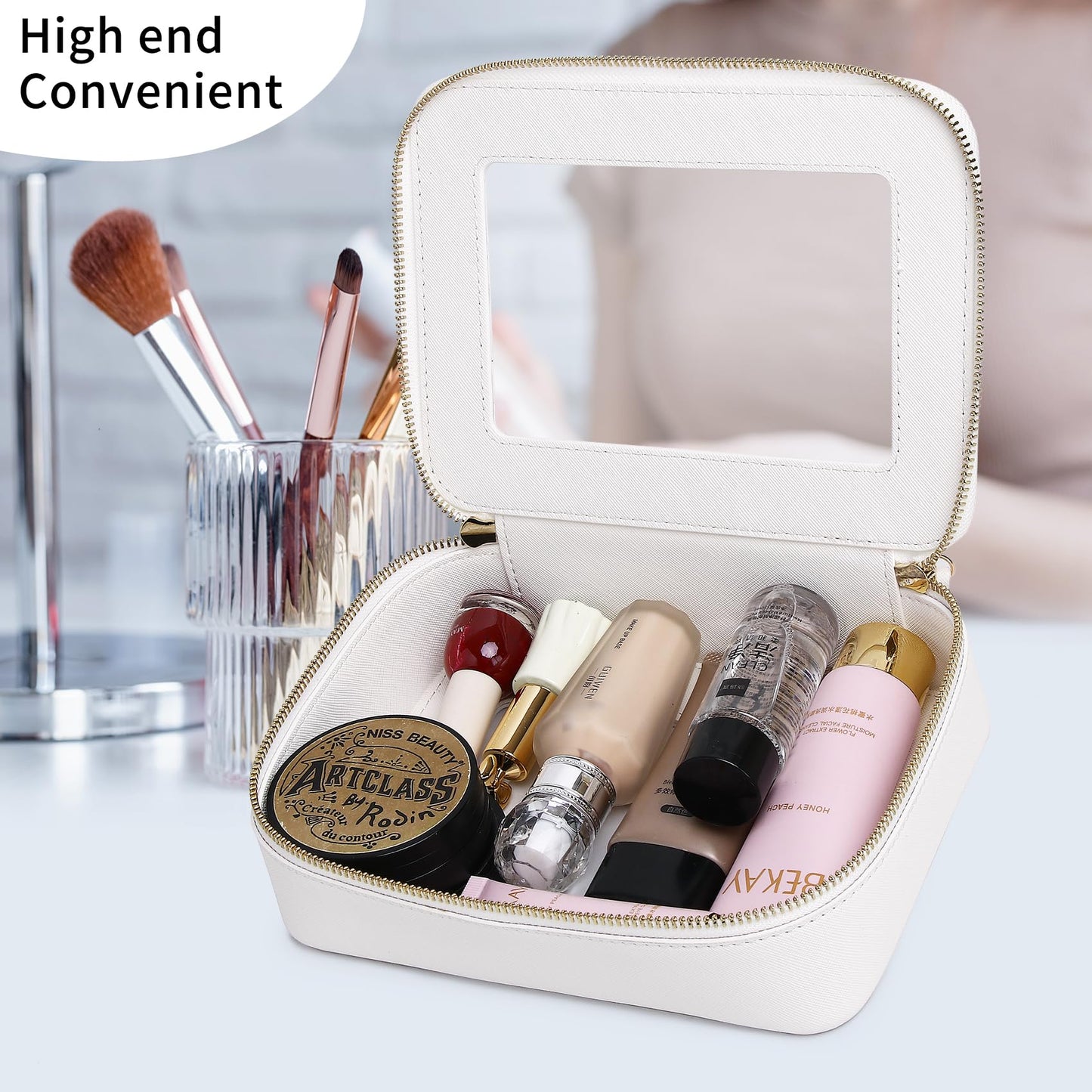 Pinkmik Clear Makeup Bag Transparent Travel Case for Cosmetics and Toiletries Women's Brush Bag and Clear Car Bag with Zipper (F/White, M+MINI)