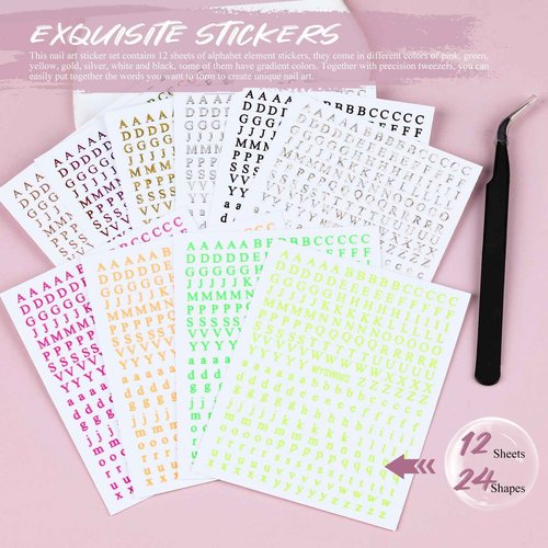 12 Sheets Alphabet Nail Art Stickers 3D Black White Gold Nail Letter Stickers Large Small Self-Adhesive English Nail Decals Manicure Accessories for Women Girls DIY Nail Art Design