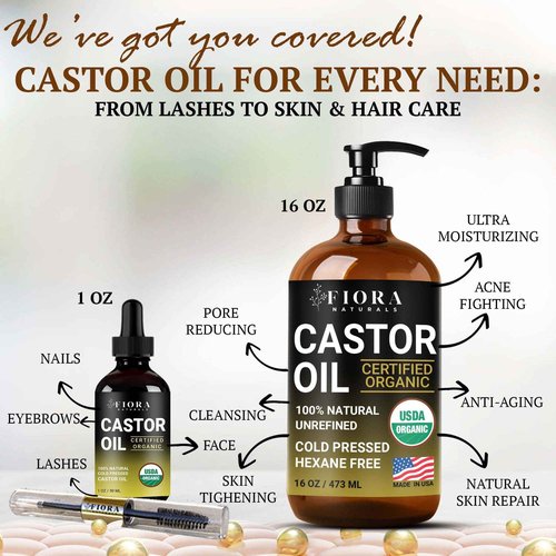 Organic Castor Oil in Glass Bottle – 16 Oz Cold Pressed & Hexane-Free – USDA Certified – Hair Growth Oil For Lashes, Brows, Skin & Scalp – with Pump