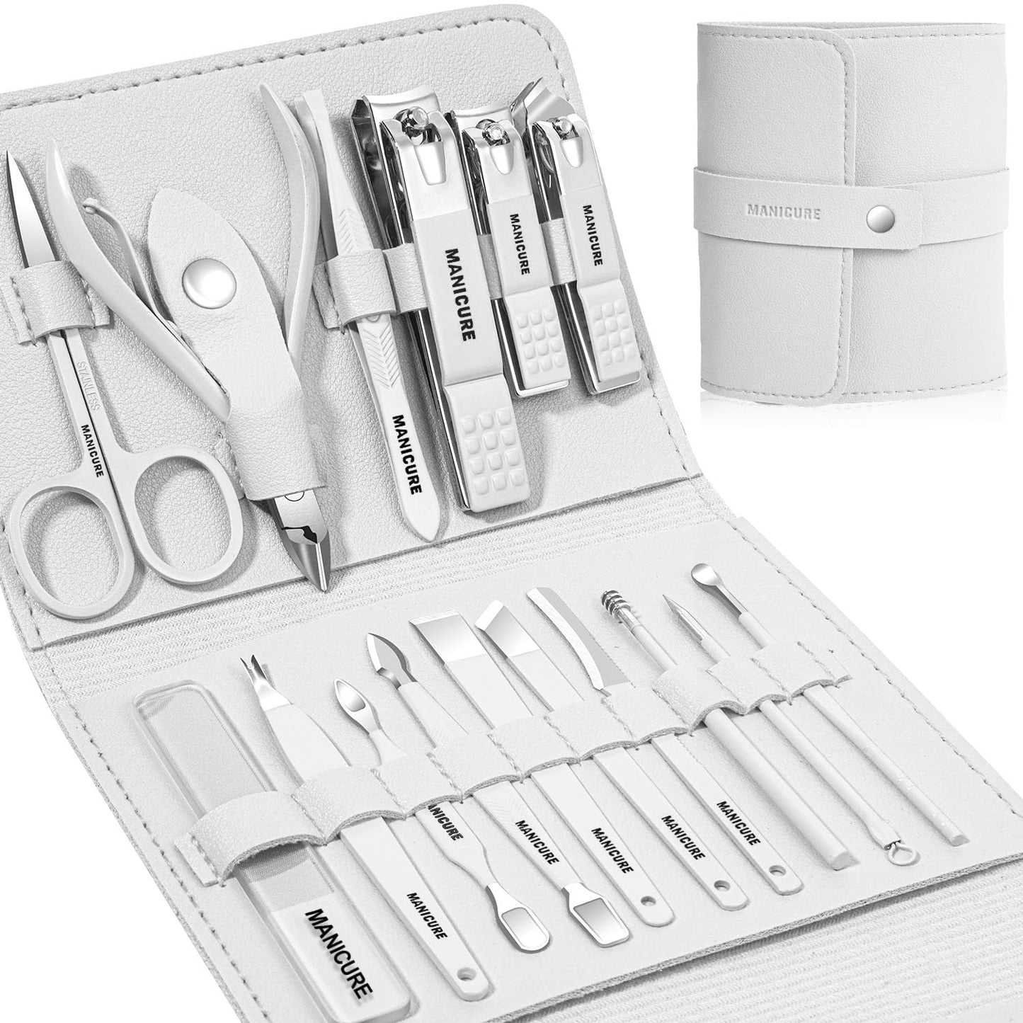 Manicure Set Professional Nail Clippers Pedicure Kit, 16 pcs Stainless Steel Nail Care Tools Grooming Kit with Luxurious Travel Leather Case for Thick Nails Men Women Gift (White)