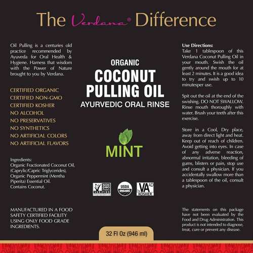 Verdana Organic Oil Pulling for Teeth & Gums – 32 oz Mint – USDA Organic Coconut Pulling Oil Rinse – Alcohol-Free, Fluoride-Free – Natural Mouthwash for Fresh Breath, Gum Health & Oral Detox