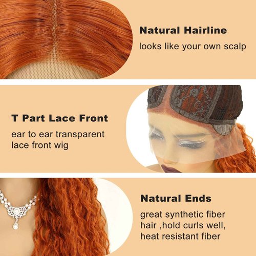 Phyoung 32 inch Ginger Long Curly Lace Front Wigs for Black Women Glueless Curly Synthetic Wigs Orange Ginger Synthetic Wigs Long Ginger Wig Middle Part Wigs Loose Curly Wig