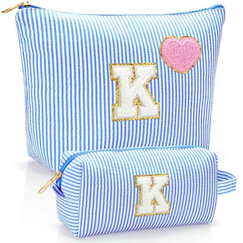 YILANCOL Initial Makeup Bag Personalized Preppy Cosmetic Bag Trendy Toiletry Travel Bag For Teen Girls Kids Women Letter Makeup Pouch Purse Holiday Gifts Birthday Christmas Gifts 2pack (K, Blue)