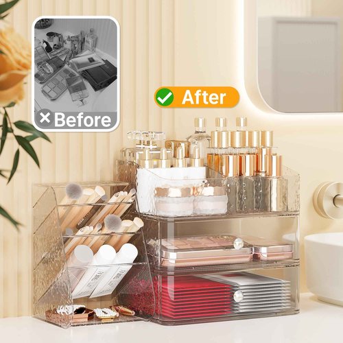 Awelov 3 Tier Makeup Organizer for Vanity with Brush Holder Countertop Organizer with 2 Drawers Clear Makeup Storage for Brushes, Lipsticks, Face Mask Skin Care Storage Solution for Women & Teens