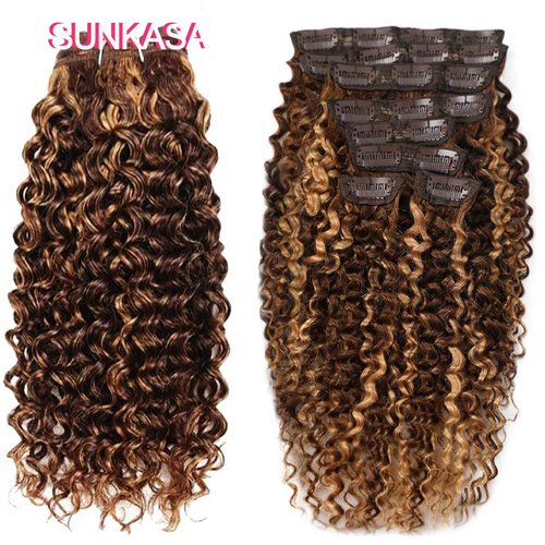 14 Inch Highlight P4/27 Kinky Curly Clip Ins Human Hair 110g 8pcs 20 Clips 3C 4A Curly Clip In Hair Extensions Real Human Hair Brazilian Virgin Hair Full Head for Women P4/27 Color