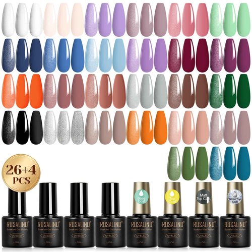 ROSALIND 30PCS Gel Nail Polish Set with Base Glossy Matte and Glitter Top Coat Gel Polish, Wite Blue Green Gel Nail Set Soak Off Gel Polish Set