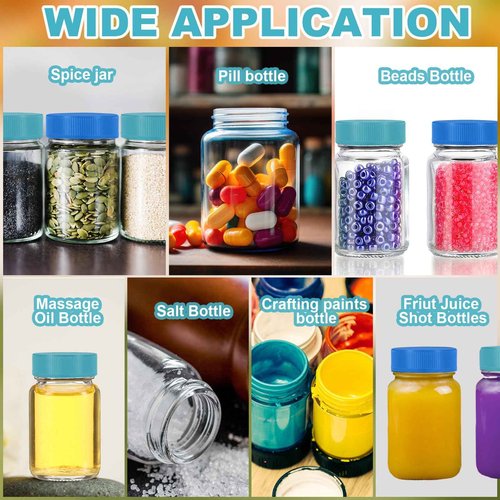 Ziliny 30 Pack 2 oz Glass Bottles with Lids Wide Mouth Juice Shot Bottles Clear Mini Round Jars Travel with Lids Small Containers for Liquids Juicing Ginger Leak Proof(Dark Blue, Light Blue)